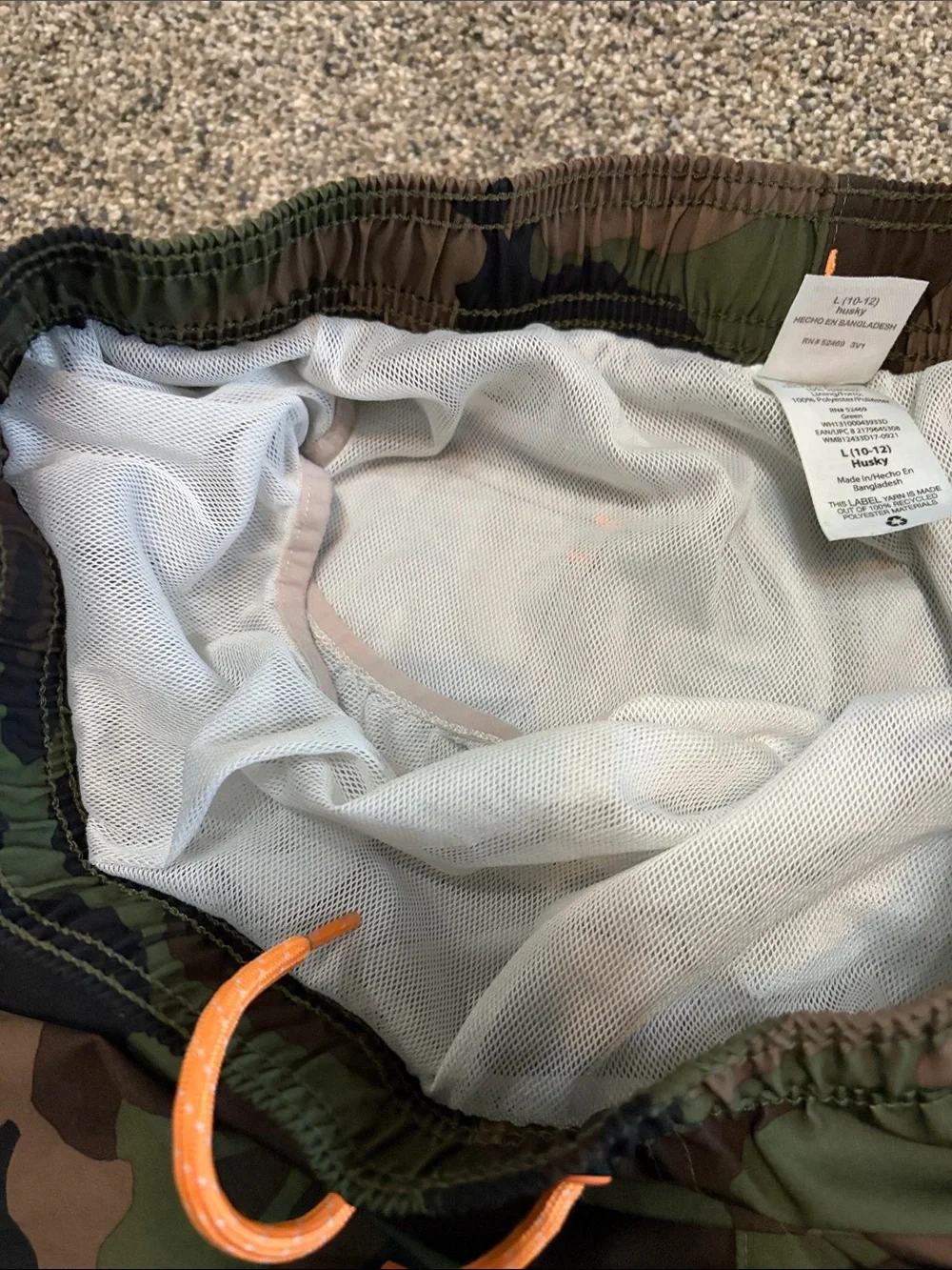 Boys wonder nation Camo Swim Trunks w/Orange Drawstring Size Large Husky 10/12